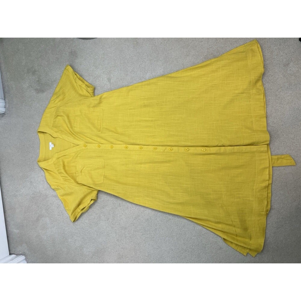 J Jill Shirt Dress XL Yellow Linen Blend Button Front Waist Tie Coastal Resort - Picture 3 of 11